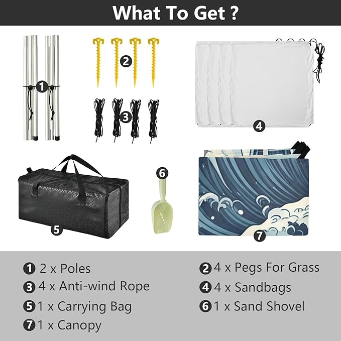 Beach Canopy with Windproof Ropes &amp Sandbags Beach Tent Sun Shade Sun Shelter for Camping Trips Fishing Backyard Fun or Picnics Waves