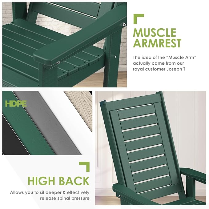 GREENVINES Outdoor Rocking Chairs | Set of 4 | Porch Rocker | HDPE Plastic | Forest | Oversized Rockers | High Back | Big &amp Tall | Ladder Back | for Patio Outside Backyard Balcony Garden