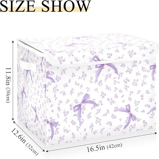 ALAZA Purple Floral Bow Storage Bins Organizer Box Baskets Lidded Clothes for Shelves Closet Collapsible Stackable Storage Cubes Handles