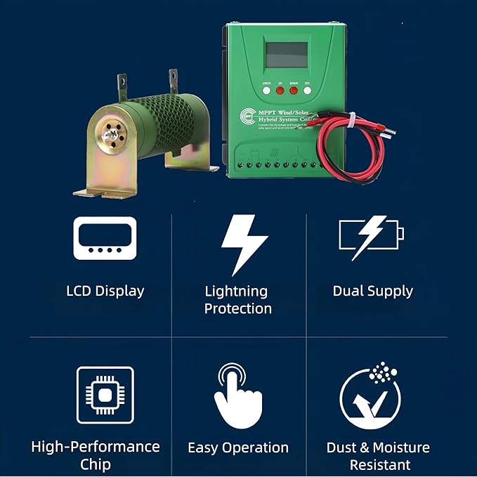 2000W Wind Solar Hybrid Charge Controller 1000W Wind Turbine &amp 1000W Solar Panel Charge Controller 12V/24V Battery Off Grid MPPT Boost Charge Regulator with Dump Load for Home Street Light