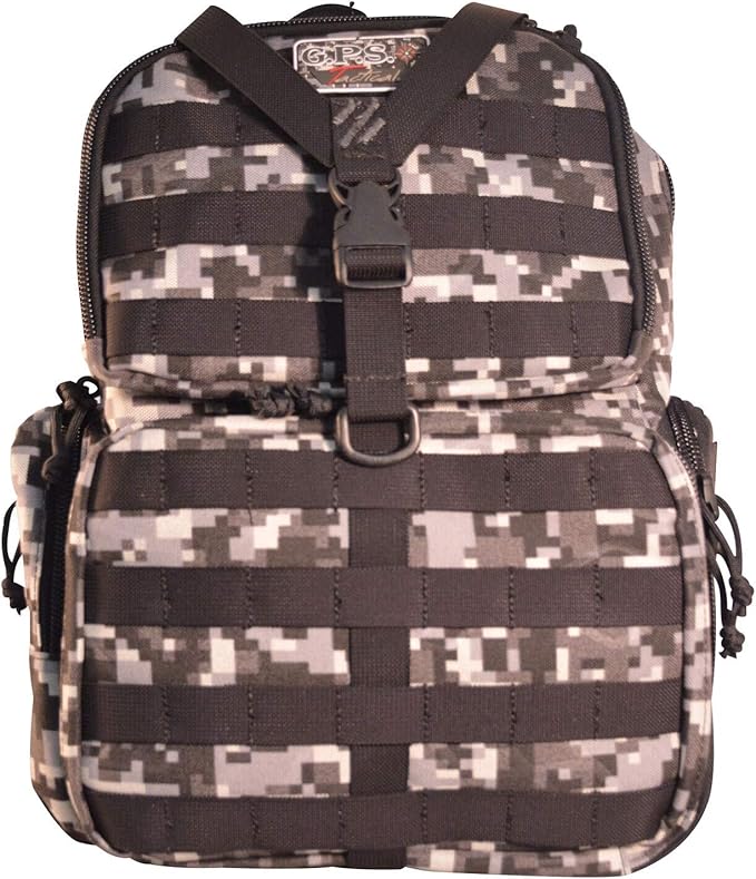 G.P.S. Tactical Range Backpack | Gray Digital | 3 Handguns Capacity | MOLLE Webbing | Durable Waterproof Stain-Resistant Shooting Tactical Gear