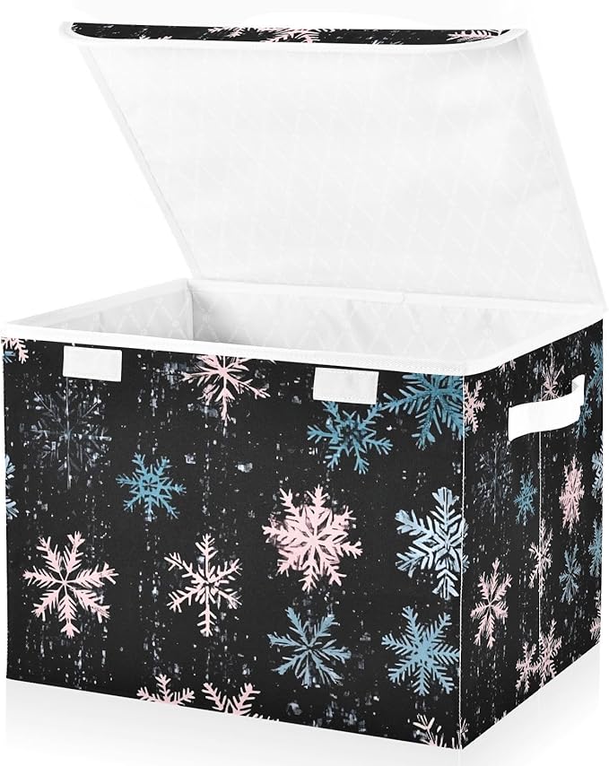 Snowflakes Pattern Storage Cube Bins Basket with Lid Collapsible Flip-top Fabric with Handle for Home Bedroom Closet Office 16.5×12.6×11.8 in