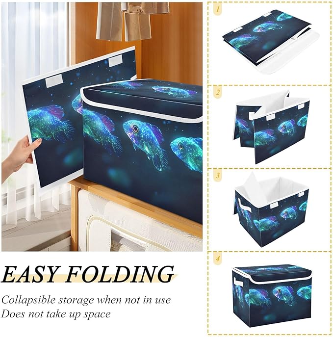 Storage Cube with Lid Glowing Fishes Print 16.5×12.6×11.8 IN Collapsible Large Capacity Foldable Storage Basket Bin Organizer
