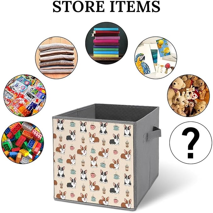 Foldable Storage Box with Handles Coffee Corgi Durable Collapsible Cube Bin for Organizing Toys Books Clothes Versatile Home &amp Office Solution