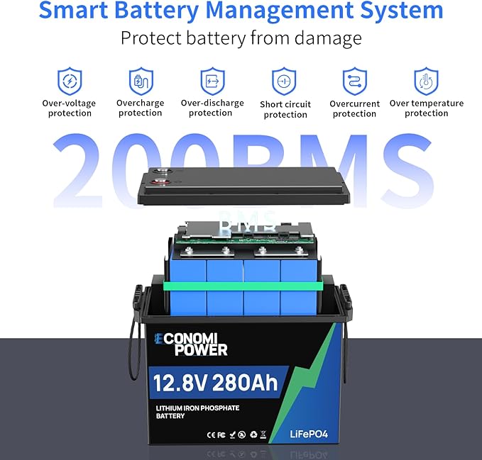 12V 280Ah LiFePO4 Lithium Battery Sheet Metal Reinforced Internal Frame 200A BMS 8000+ Deep Cycle Rechargeable for RV Solar Marine Trolling Motor Off-Grid