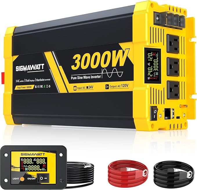 3000W Pure Sine Wave Inverter24V DC to 120V AC–Heavy Duty Power Inverter for TruckRVOff-Grid Solar EnergyElectric Drill Microwave Dishwasher and Heater with Led Display and Remote Monitoring