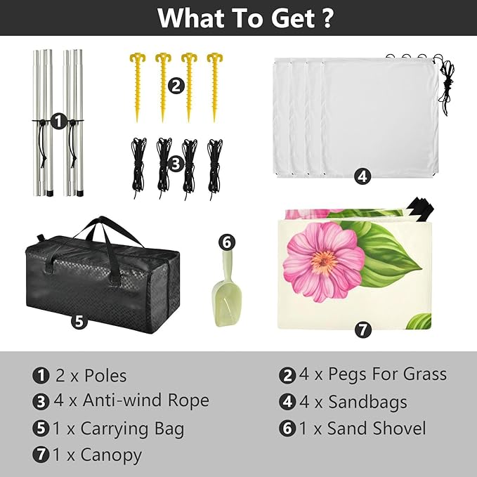 Beach Canopy with Windproof Ropes &amp Sandbags Beach Tent Sun Shade Sun Shelter for Camping Trips Fishing Backyard Fun or Picnics Flowers