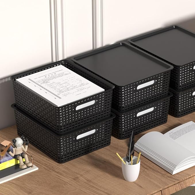 6 Pack Plastic Storage Bins with Lids Stackable Plastic Storage Baskets with Lids Black