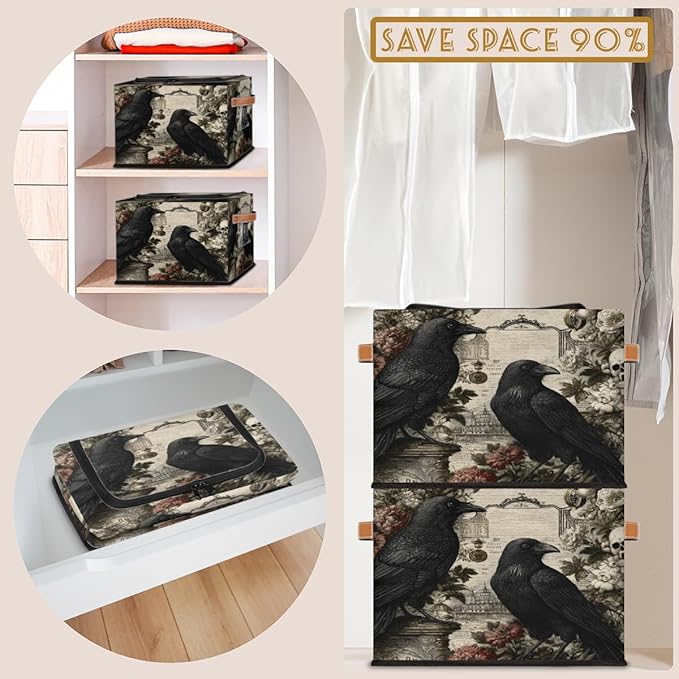 Halloween Skull Storage Bins with Lids Raven Flower Collapsible Cube Storage Basket with Leather Handle Foldable Storage Box with Lids for Organizing Home Closet