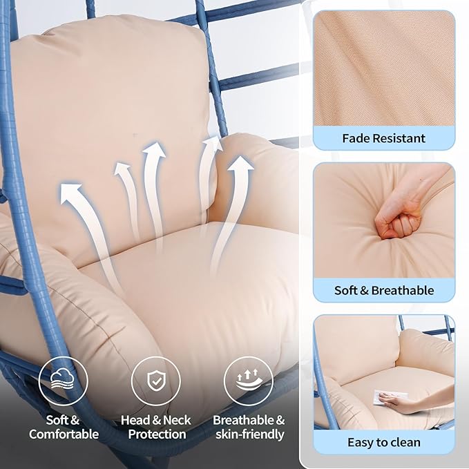 Hanging Egg Chair with Stand Outdoor Indoor Patio Rattan Swing Hammock Chairs with Washable Cushion 350lbs Capacity PE Wicker Swing Chair for Backyard Bedroom Garden (Blue + Beige Cushion)