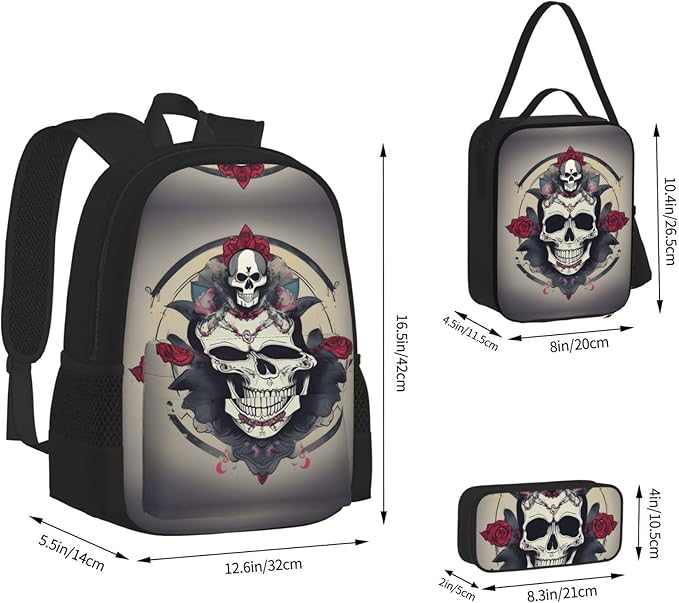 3pcs Backpack Sets Skull Yoga Printed Backpacks Set With Lunch Bag Pencil Pouch