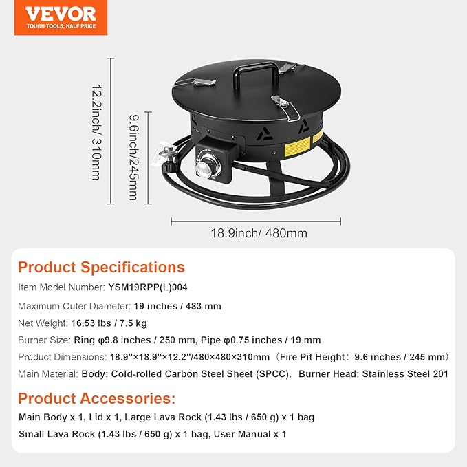 VEVOR Propane Fire Pit 19-Inch Diameter Outdoor Portable Gas Fire Pit with Cover &amp Lava Rocks Adjustable Flame Height Camping Firepit for Heating Lighting Gathering 58000 BTU Black