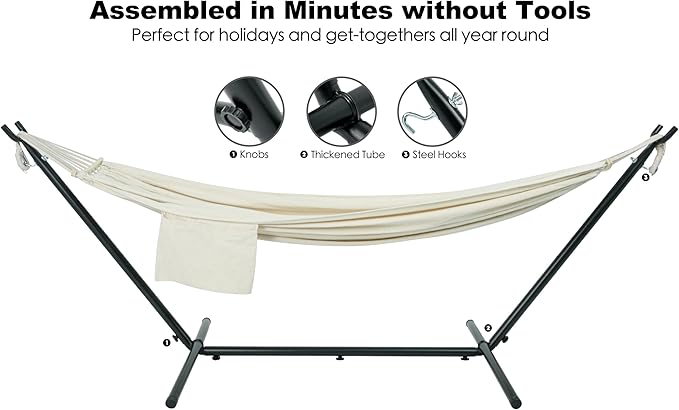 GAFETE Double Hammock with Stand for Outside Upgraded Spreader Bar Heavy Duty Space Saving Steel Stand 2 Person Convenient Pocket Easy Assembly 600lbs Weight Capacity Indoor &amp Outdoor (Natur