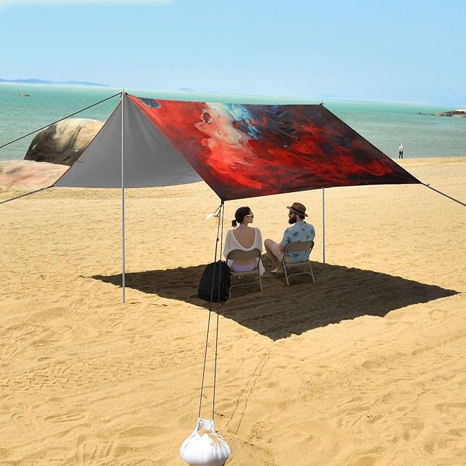 ALAZA Red &amp Blue Flame Horse Beach Tent Sun Shelter UPF50+ Protection Beach Shade Canopy w/ 4 Sandbags for Outdoor Camping Fishing Backyard Fun Picnic 10x9 ft