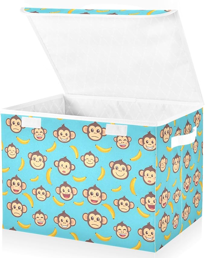 MNSRUU Containers Baskets with Lids Banana Monkey Face Blue Foldable Storage Bins Organizer with Lid Collapsible Storage Boxes for Home Bedroom Closet Office