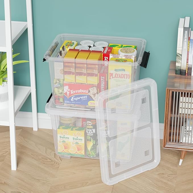 4-Pack 30 Liter Clear Latch Storage Box Large Plastic Storage Bins with Wheels