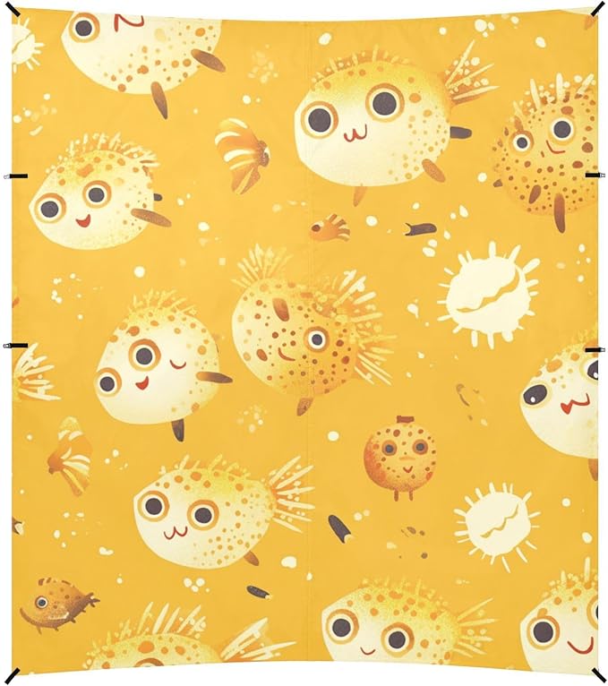 Cute Cartoon Puffer Fishs Stable Beach Tent UPF50 Easy Setup Large Sun Shelter with Sturdy Poles Sandbags and Shovel for Camping Fishing Backyard Fun
