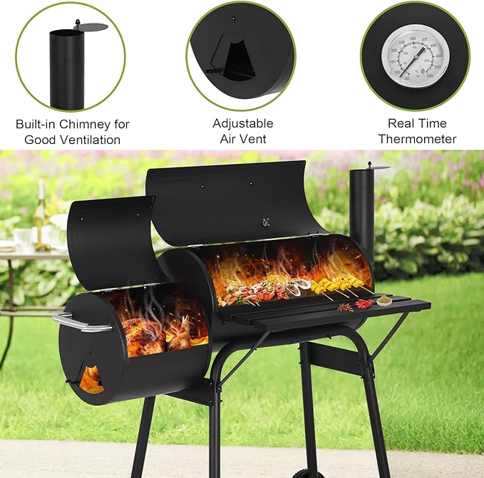 BLKMTY 43 Charcoal Grills Outdoor BBQ Grill with Offset Smoker Camping Portable Grill Camping Barbecue Grills with Side Fire Box for 6-10 People Patio Backyard Picnic BBQ Black