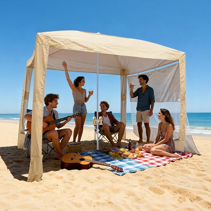 VEVOR Beach Cabana 8 x 8 ft Beach Canopy with Side Wall UPF 50+ Protection Easy Setup Cabana Tent with Sand Pockets Adjustable Height Portable Shade Sun Shelter Umbrella for Family &amp Friends K