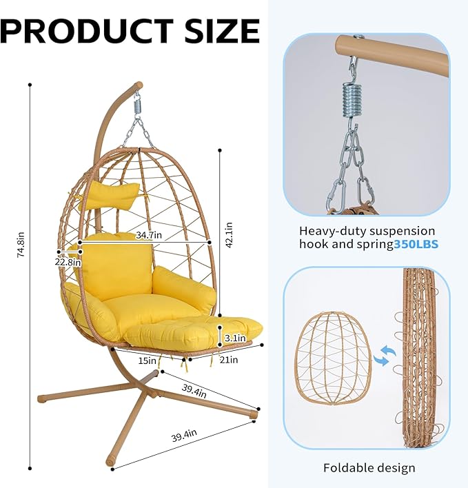 Hanging Egg Chair with Stand Outdoor Indoor Patio Rattan Swing Hammock Chairs with Washable Cushion PE Wicker Swing Chair for Backyard Bedroom Garden (Yellow + Yellow Cushion with Footrest)