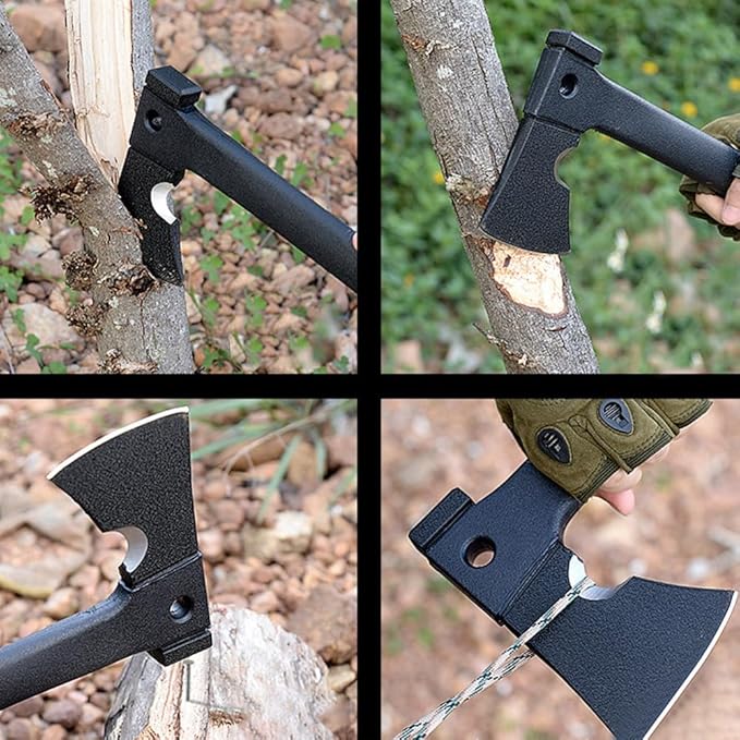 Camping Axe 14 inch hatchet Outdoor Survival Challenge Hiking Tactical Axe Throwing Axe Multi-Function Rope Cutter Saw Hammer (Axe with knife) Black