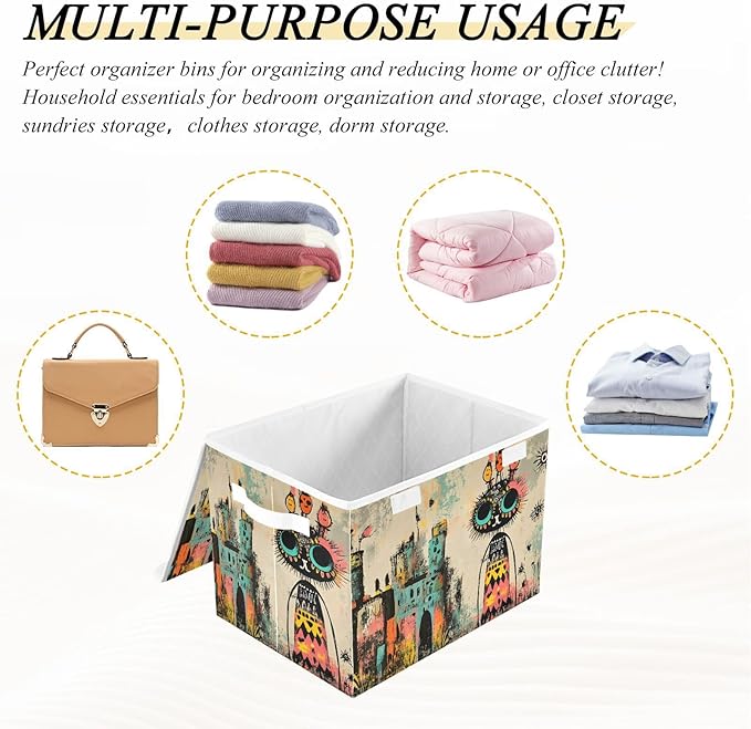 Storage Cube with Lid Abstract Cartoon Castle Print 16.5×12.6×11.8 IN Collapsible Large Capacity Foldable Storage Basket Bin Organizer