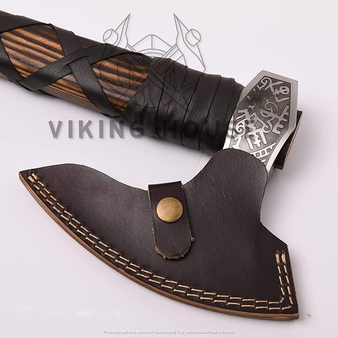 | Viking Axe | Wolf &amp Vegvisir Carbon Steel Axe Head | Wolf Camp Axe | Genuine Leather Sheath &amp Wrap | Bearded Axe | Ragnar Lothbrok Axe...