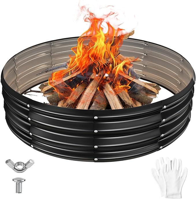 YSEJOMP 48 Inch Round Galvanized Fire Pit Ring/Fire Ring - Foldable and Perfect for Outdoor Gatherings and Campfires in The Yard/Garden/Park/Beach (Black+Gray 4 FT Diameter+1 FT Tall)