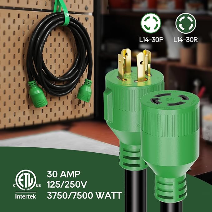 RVGUARD 4 Prong 30 Amp 10 Foot Generator Extension Cord NEMA L14-30P/L14-30R 125/250V Up to 7500W 10 Gauge SJTW Generator Cord ETL Listed