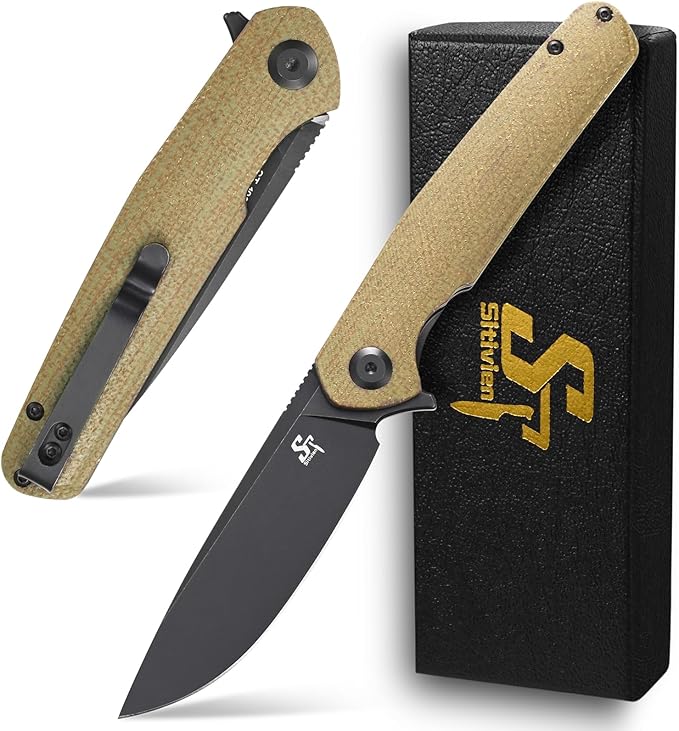 Sitivien ST102 Folding Knife D2 Steel Blade+Micarta Handle EDC Tool Knife for Outdoor Camping Hunting Survival (Green) …