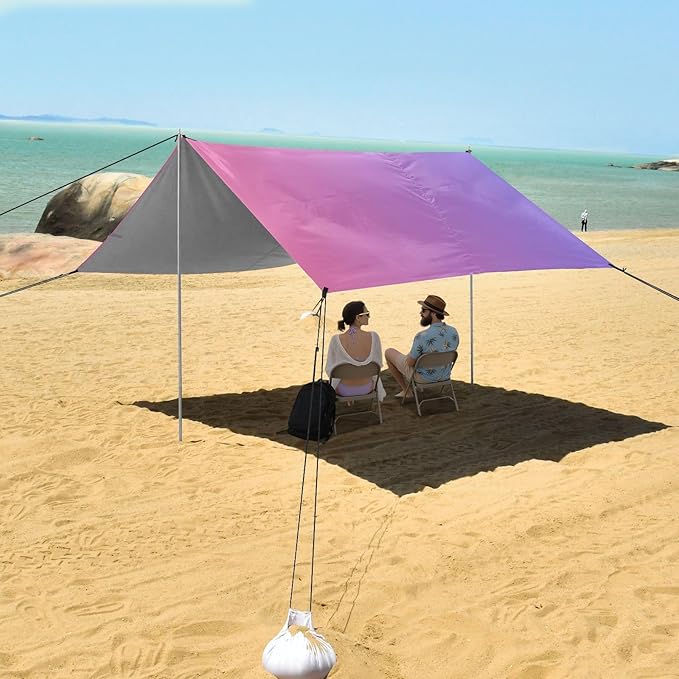Blue Red Gradient Beach Cabana UPF50 Waterproof Sun Shelter with Sand Shovel Sandbags for Backyard and Camping