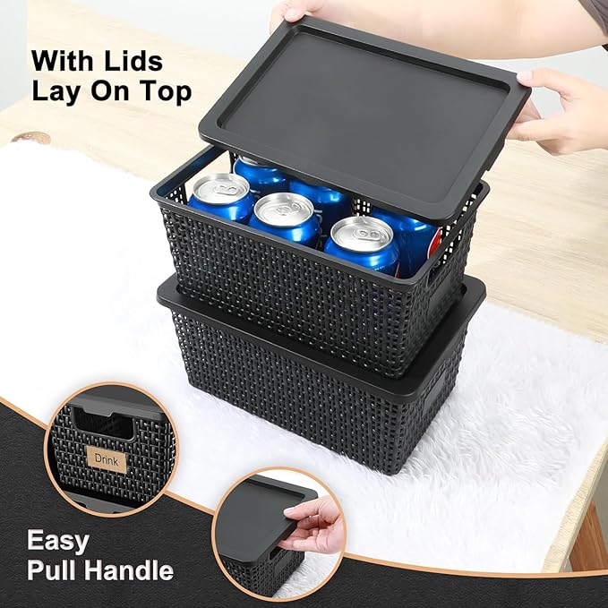 NUMIFUN Storage Bins with Lids Set of 6 Stackable Woven Design Black Plastic Containers with Easy Pull Handles Interlocking Rim Stackable Storage Boxes with Lids for Pantry Closet