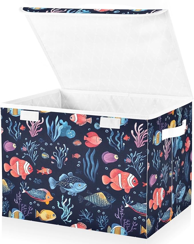 Fish and Coral Storage Cube Bins Basket with Lid Collapsible Flip-top Fabric with Handle for Home Bedroom Closet Office 16.5×12.6×11.8 in