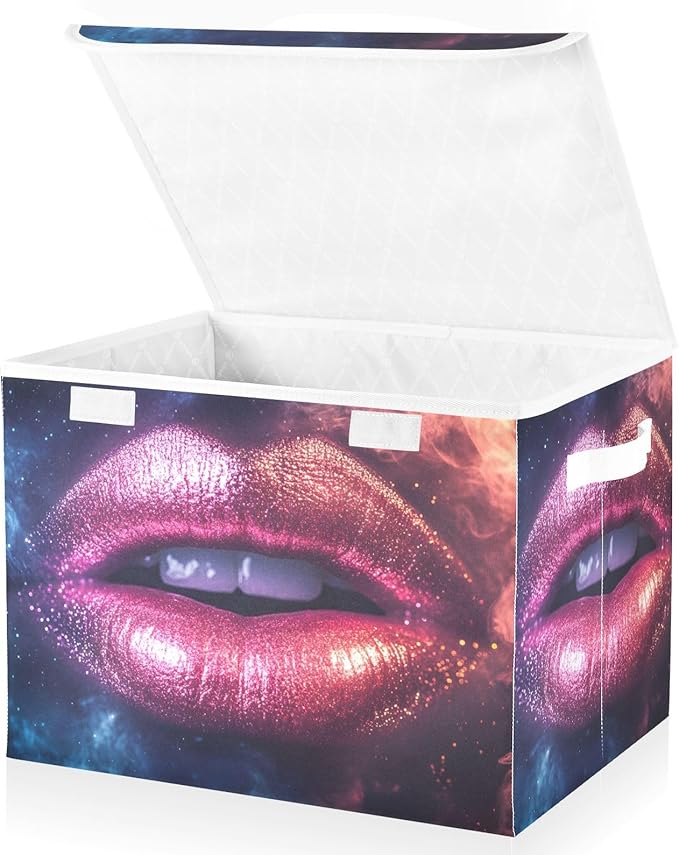 Shining Lip Storage Cube Bins Basket with Lid Collapsible Flip-top Fabric with Handle for Home Bedroom Closet Office 16.5×12.6×11.8 in