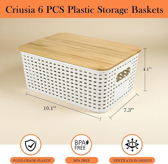 4 Quart Plastic Storage Bin with Bamboo Lid Stackable Small Box Baskets Pantry Decorative Containers for Shelves Closet Pantry Office Home White 6 Pack