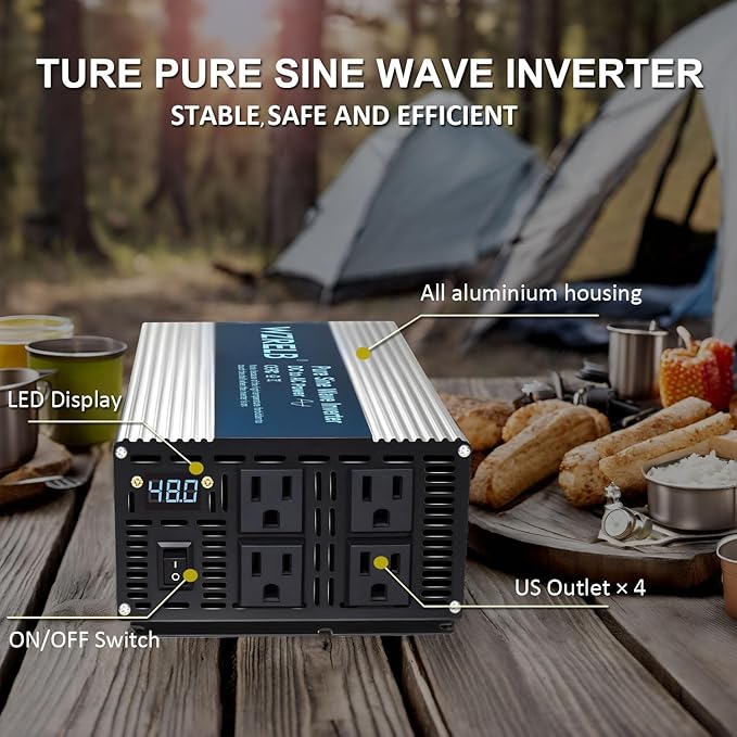 WZRELB 2000W Pure Sine Wave Inverter 48V DC to 110V 120V AC Power Converter with LED Display Off-Grid Portable Power Inverter with 4 AC Outlets for Home RV Truck Camping