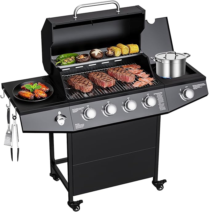 4-Burner Propane Gas Grill with Side Burner 50000 BTU Outdoor Gas BBQ Grill with Stainless Steel Grate Easy-Clean Grease Outdoor Cooking for Patio Camping Backyard