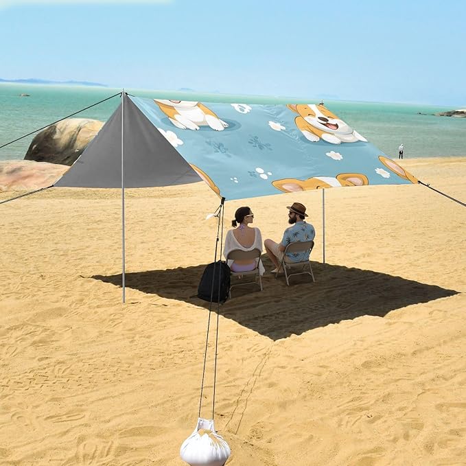 ALAZA Corgi Dogs Flower Pattern Beach Tent Sun Shelter Portable Canopy Sunshade for Outdoor Camping Picnics Backyard Fun 10x9 ft