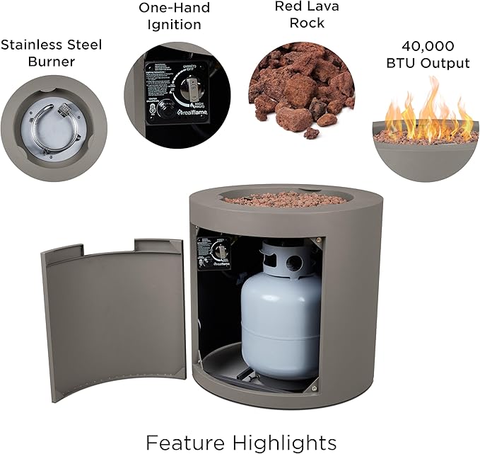 Real Flame Aegean 24 Round Propane Gas Fire Pit Table with Hidden Tank 50000 BTU Powder-Coated Steel Push-Button Ignition Lava Rock Storage Cover Stainless Steel Burner with Lid - Mist Gray