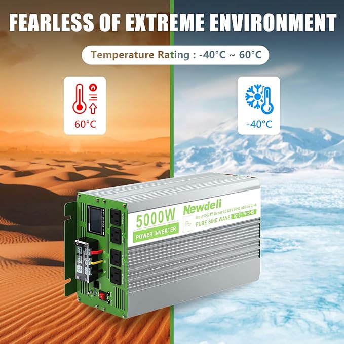 Newdeli 5000 Watt Power Inverter 24V DC to 110V/120V AC Converter 10000W Peak Pure Sine Wave Inverter with LCD Display Wireless Controller 4 AC Outlets and 3.4A USB for Vehicles Car Truck RV Solar