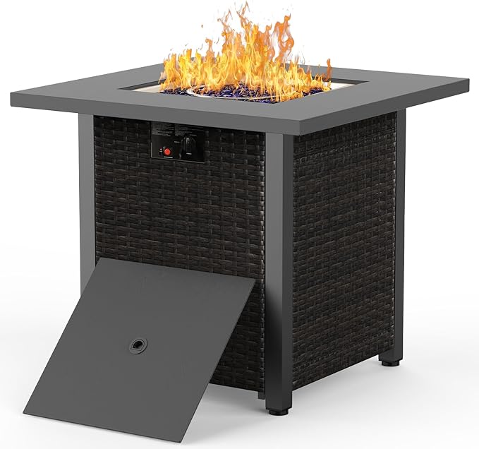COWSAR 28 Rattan Square Propane Fire Pit Table 50000 BTU Outdoor Gas Fire Pit Includes Lid and Lava Rocks for Patio Deck Garden Warmth and Ambiance Black
