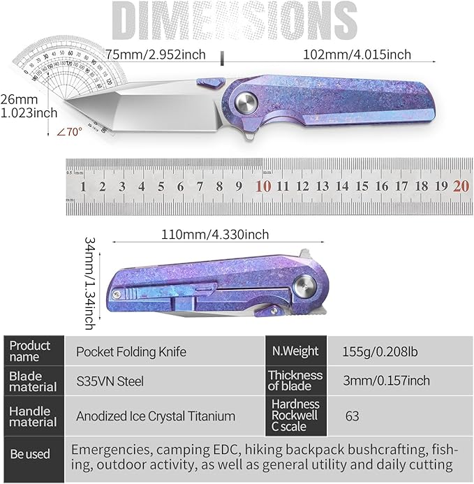 ioko Pocket Folding Knife with Titanium Alloy Handle S35VN Steel Blade Ice Crystal Anodized Finish 2.9 Inch Blade EDC Camping Hiking Outdoor (blue-purple)