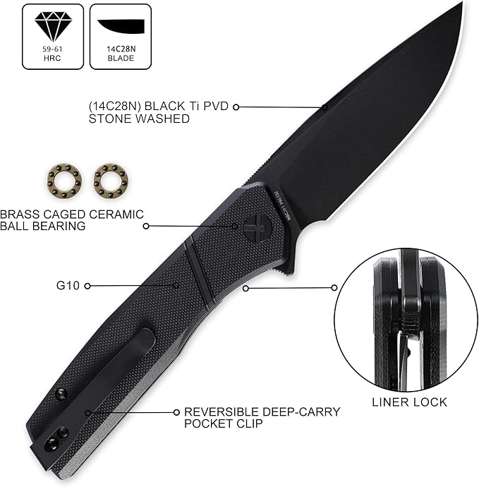 IOI Task Force I51784 Tactical Pocket Knife for Men – 14C28N Black Titanium PVD Folding Blade Black G10 Handle EDC Folding Knife with Clip Enhanced Custom LeftSide Clip for Everyday Carry &amp Cam