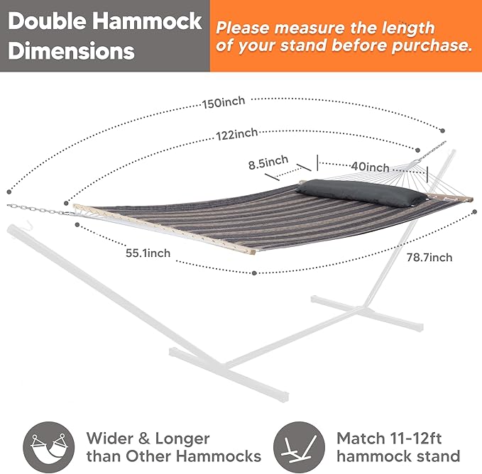 SUNCREAT Double Quilted Hammock with Hardwood Spreader Bar Extra Large Soft Pillow Heavy Duty 2 Person Hammock for Indoor Outdoor Gray Stripes