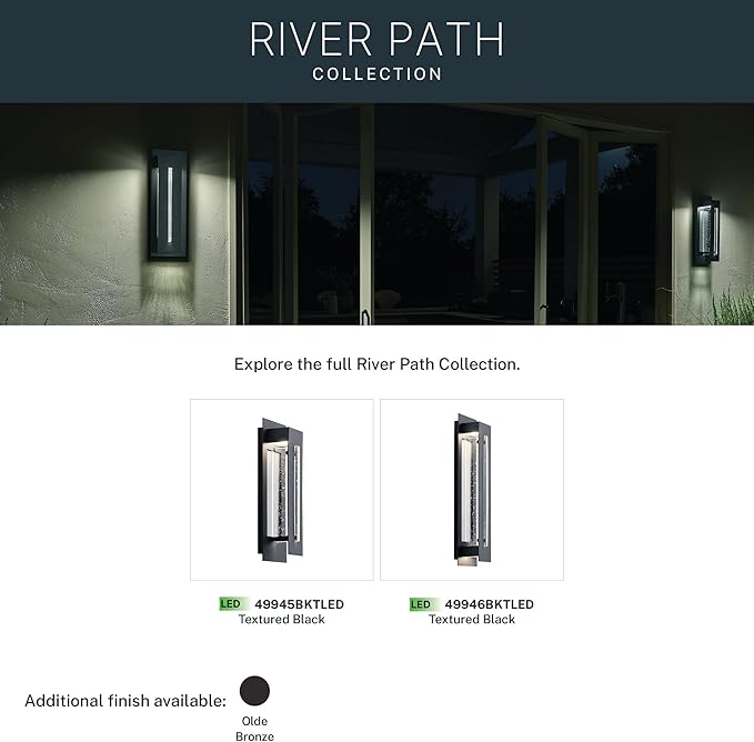 Kichler River Path 23 LED Outdoor Wall Light in Textured Black 1-Light Contemporary Exterior Wall Sconce with Clear Seeded Glass 3000K (23 H x 5.5 W) 49946BKTLED
