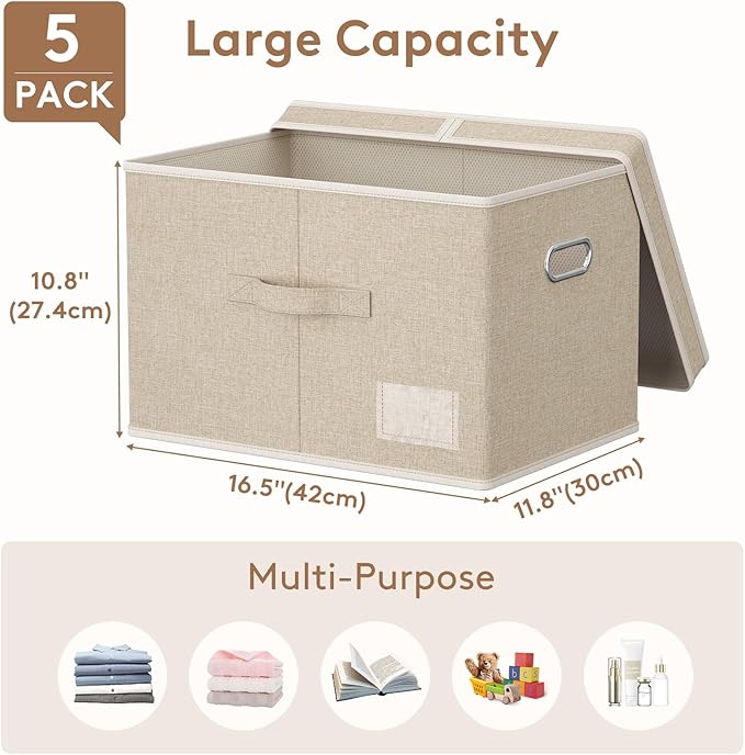 Lifewit Clothes Storage Bins with Lids Fabric Foldable Storage Boxes with Handles Decorative Closet Organizer Stackable Cube Baskets Container for Bedroom Office 34.5L Large Beige 5 Packs