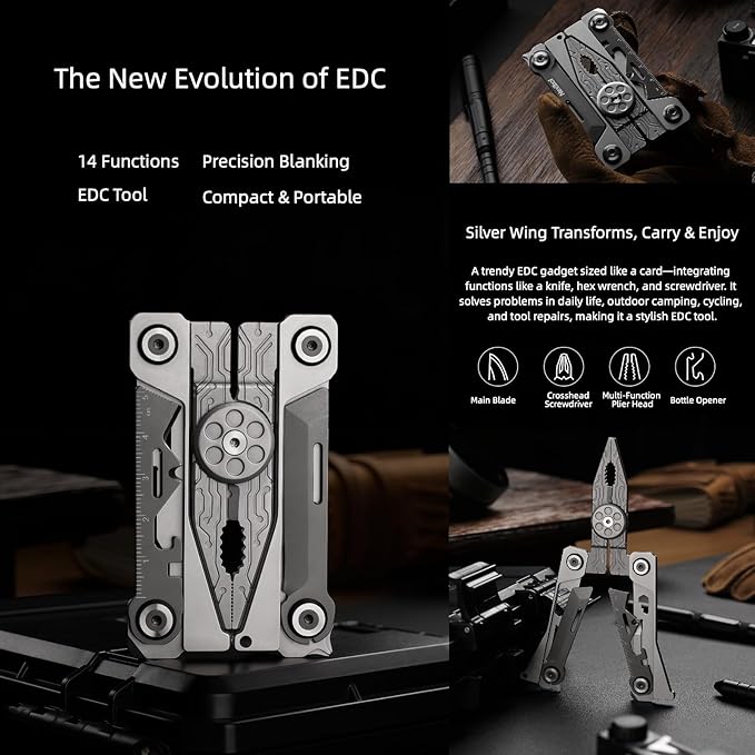 Multitool 14-in-1 Full-Size Lightweight EDC Multi-Purpose Pliers Ultra-thin tools Tactical Gear Mini Tools Gifts for Guys Equipment for Emergencies Hiking and Outdoor Camping (Silver)