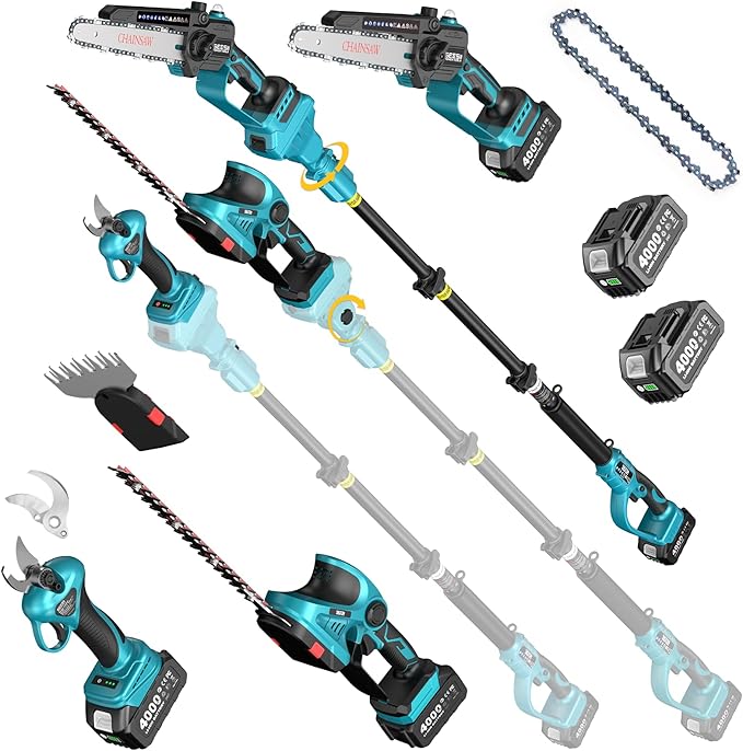 SEESII Cordless Pole Chainsaw Hedge Trimmer Pruning Shears 4000mAh Battery Powered Extendable Garden Tool Kit for Outdoor Use Electric Long Reach Saw Hedge and Grass Trimmer Pruner for Yard Care