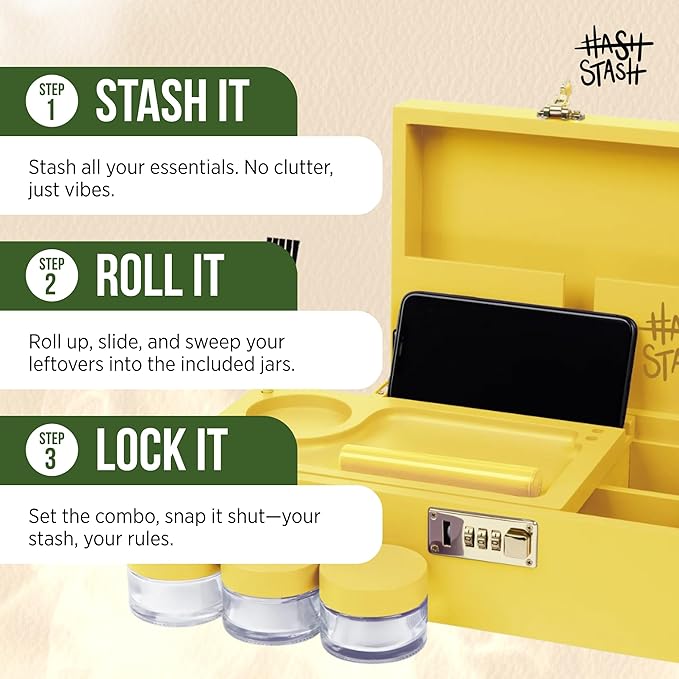 HASHSTASH The OG Storage Box - Large Bamboo Box with Combination Lock Magnetic Lid Organizer Tray Airtight Tube and 3 Jars - Discreet Decorative Locking Wooden Box with Accessories (Yellow/Gold)