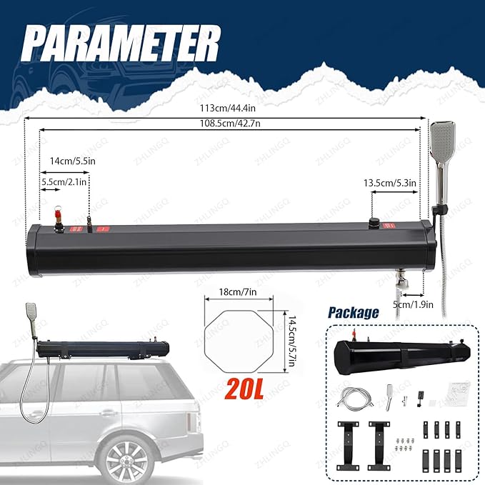 4.8/5.3/7.9 Gallon Roof Rack Mount Road Shower Self-Pressurized Water Tank for Car Shower Roof-Mounted Solar Heating Pressurized Water Tank Camping Shower Water Storage 20L/5.3Gallon